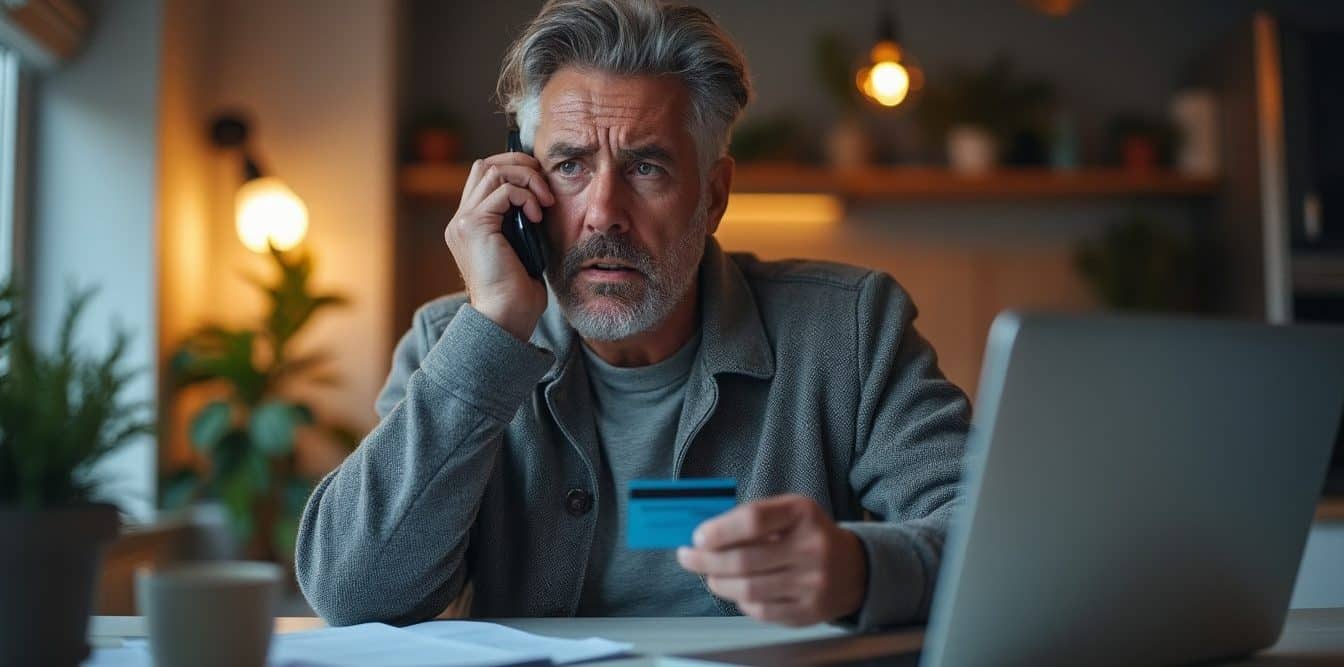 Homme inquiet au téléphone, carte bancaire sur la table de la cuisine