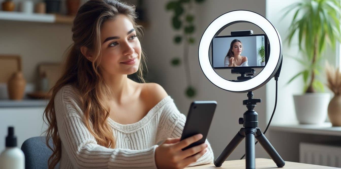 Créatrice de contenu filmant une vidéo de présentation de produit avec son téléphone