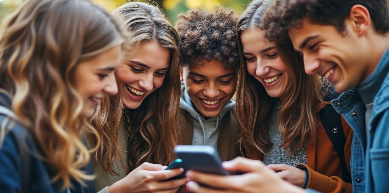 Adolescents qui rient en regardant un téléphone dans une cour