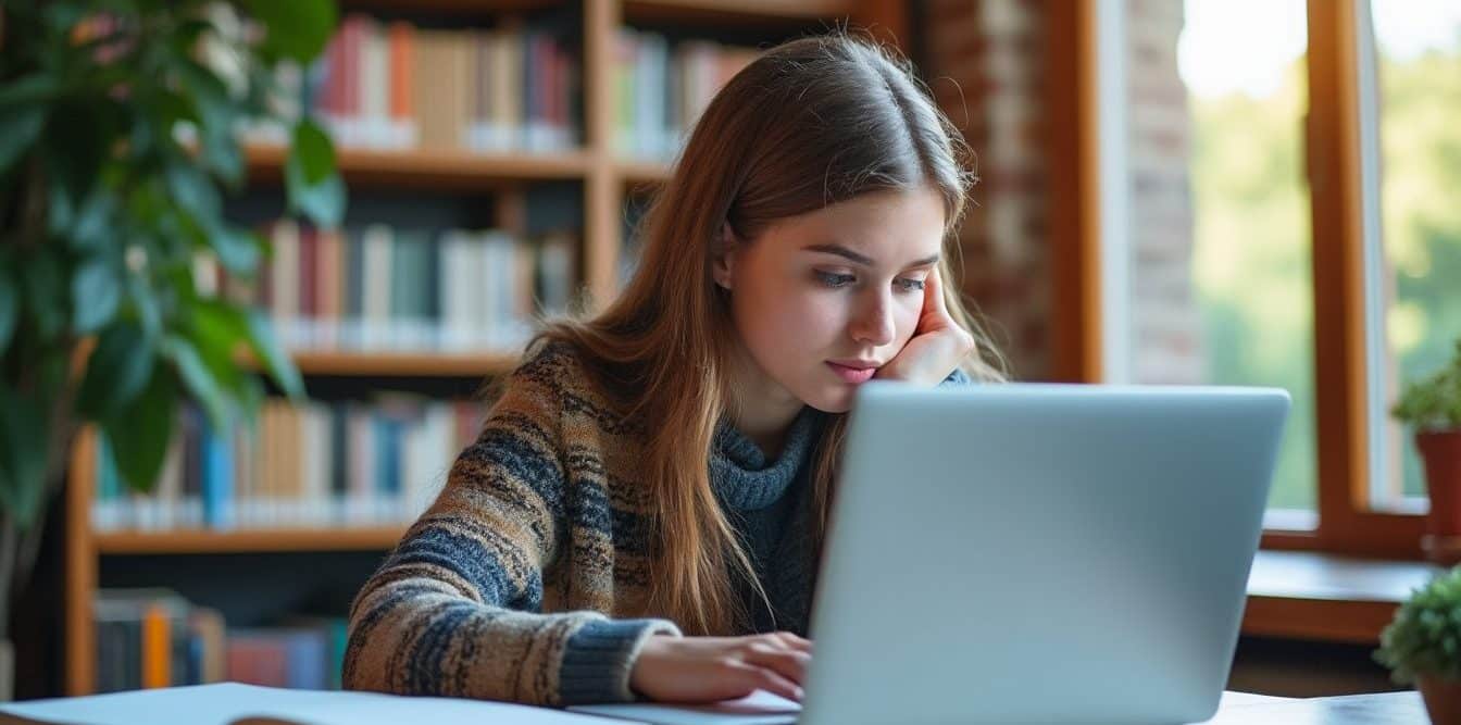 Étudiante pensive devant son ordinateur dans une bibliothèque